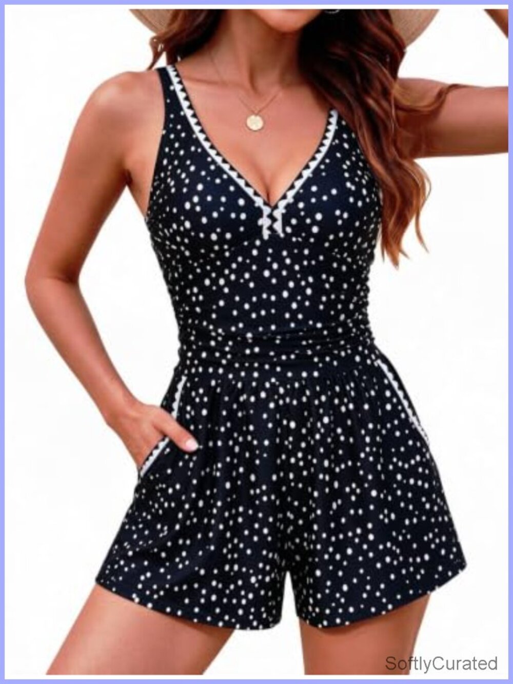 One Piece Swim Romper Tummy Control V-Neck Adjustable Straps with Shorts Pockets